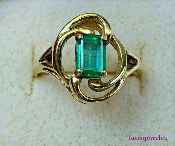Real Emerald Ring 2.4Ct Emerald Cut Green Gemstone Swirl Solitaire 14K Gold Over