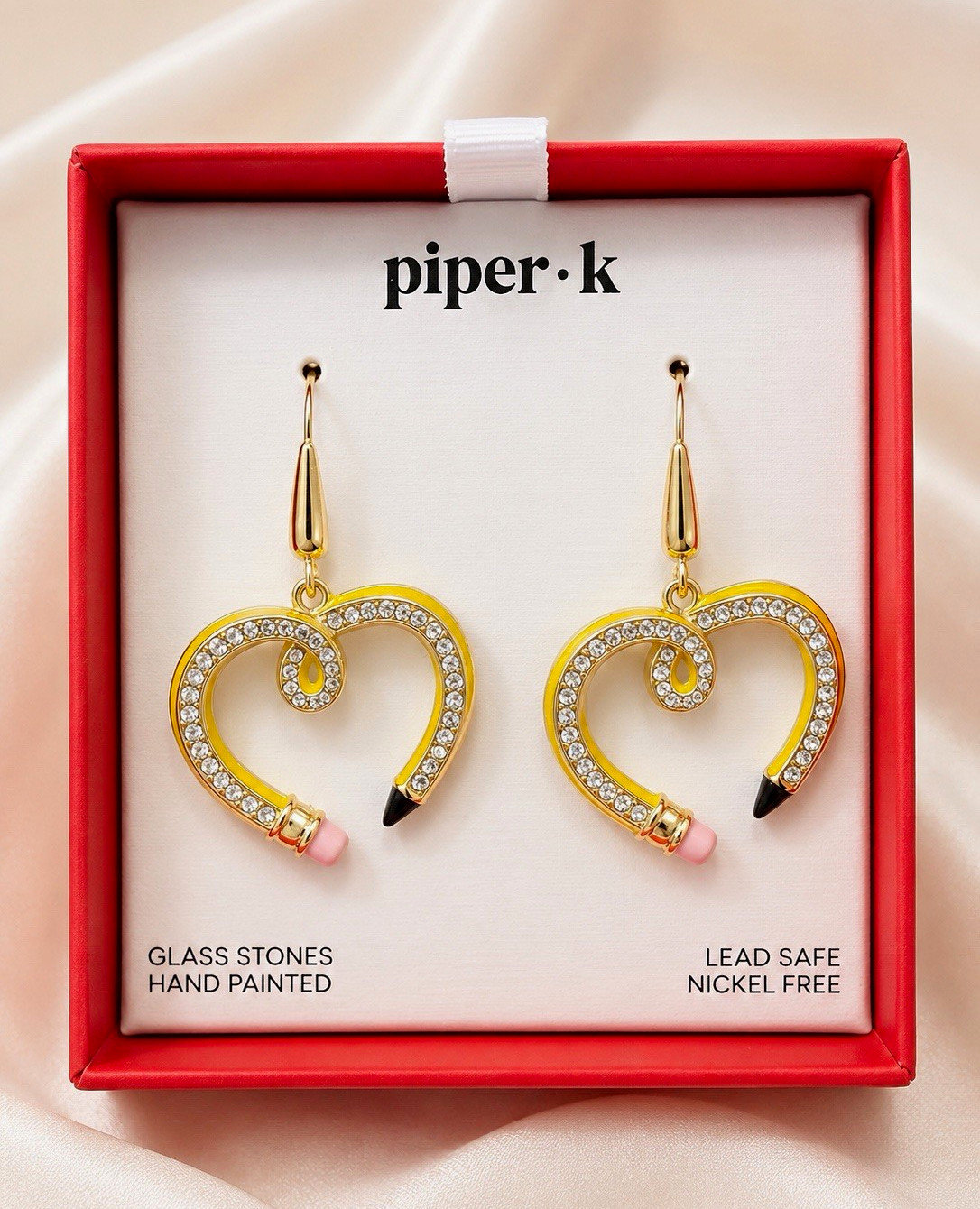 piper·k Gold Tone Heart Dangle Hook Earrings Crystal Glass Stones Nickel-Free