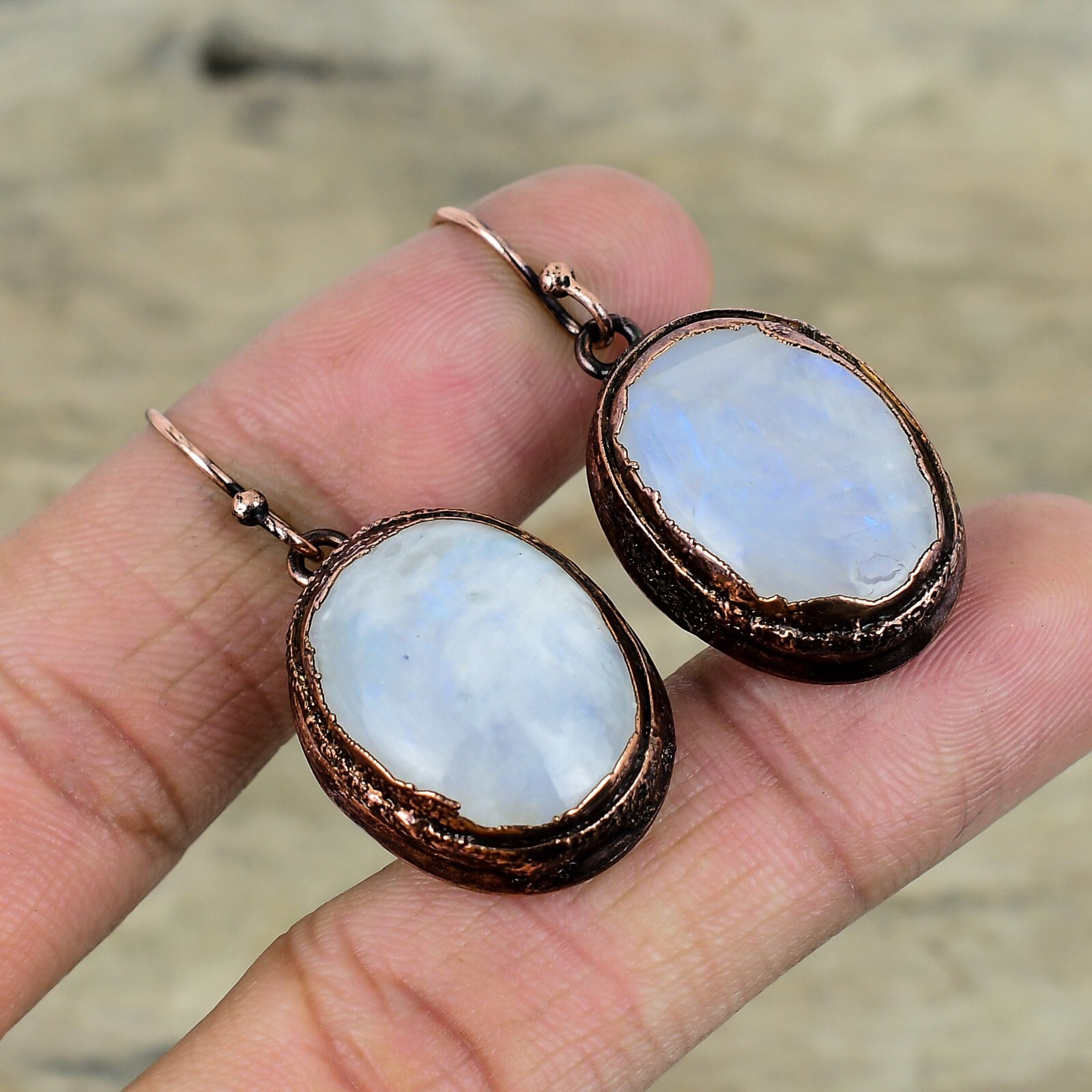Rainbow Moonstone Copper Valentine Gift Electroformed Drop/Dangle Earrings 1.77″