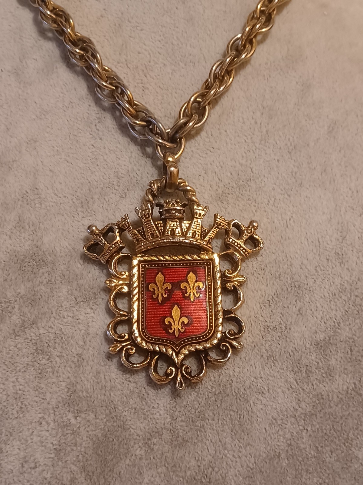 Vintage Fleur-De-Lis Necklace Earrings Medallion Coat of Arms Eagle Crown