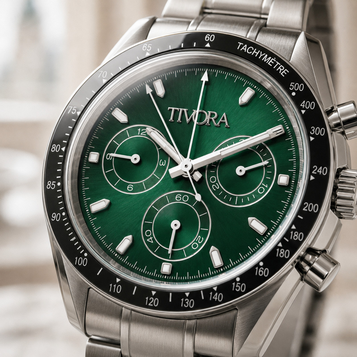 TÍVORÁ Veyron Argent Steel Irish Emerald Dial – Custom Branded Automatic Chronog