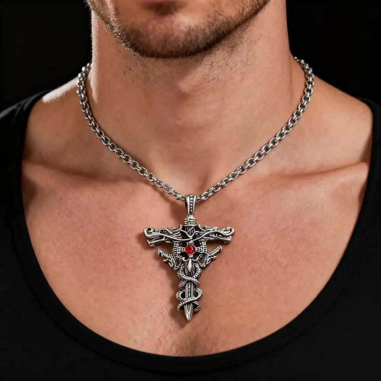 Gothic Style Double Dragon Sword Cross Pendant Necklace With 60cm Chain For