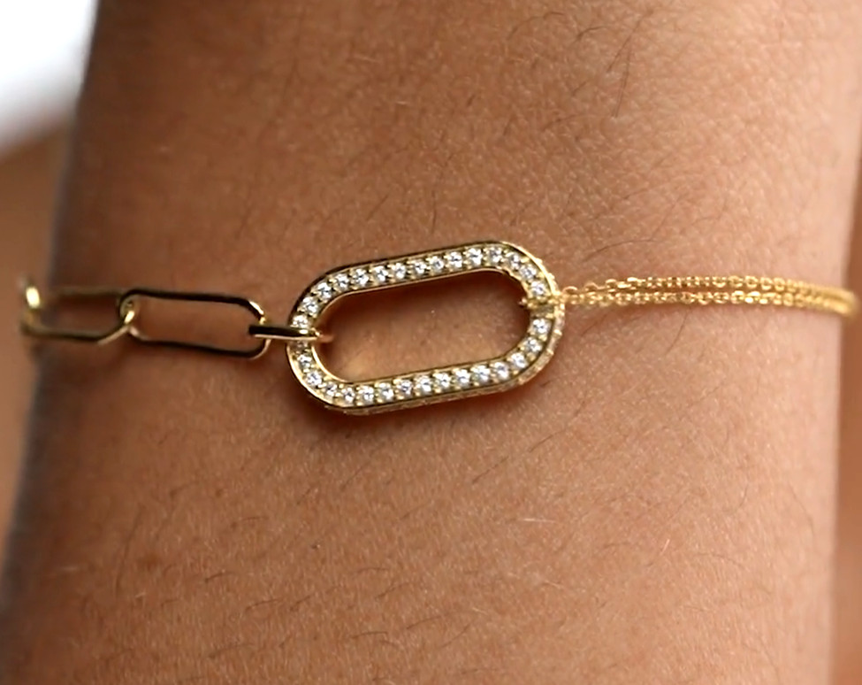 Paperclip Chain Link Statement Bracelet Round Moissanite 14K Yellow Gold Plated