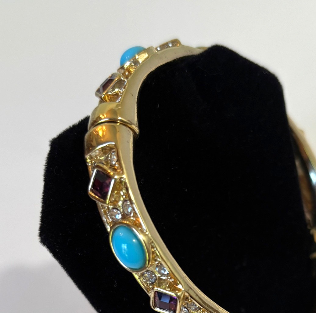 Kenneth Jay Lane Amethyst Faux Turquoise Cabochon Hinged Bracelet Gold Plate KJL