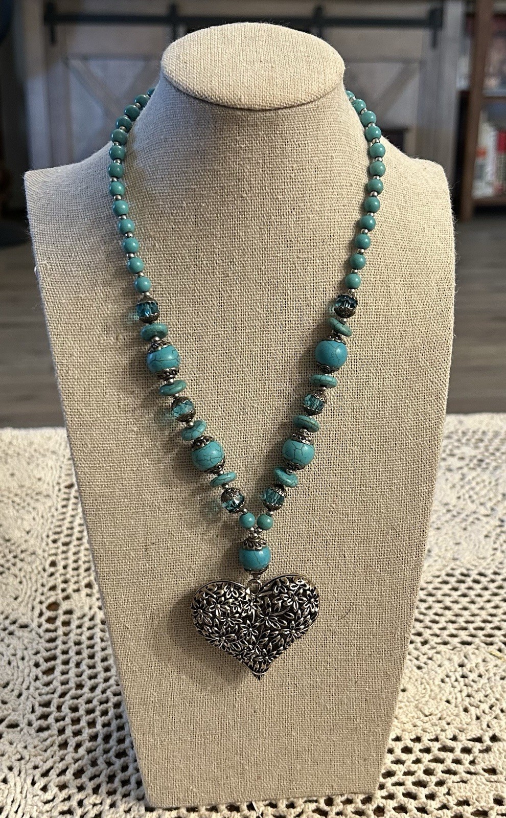 Beautiful Silver Toned Heart Turquoise Colored Blue Bead Necklace