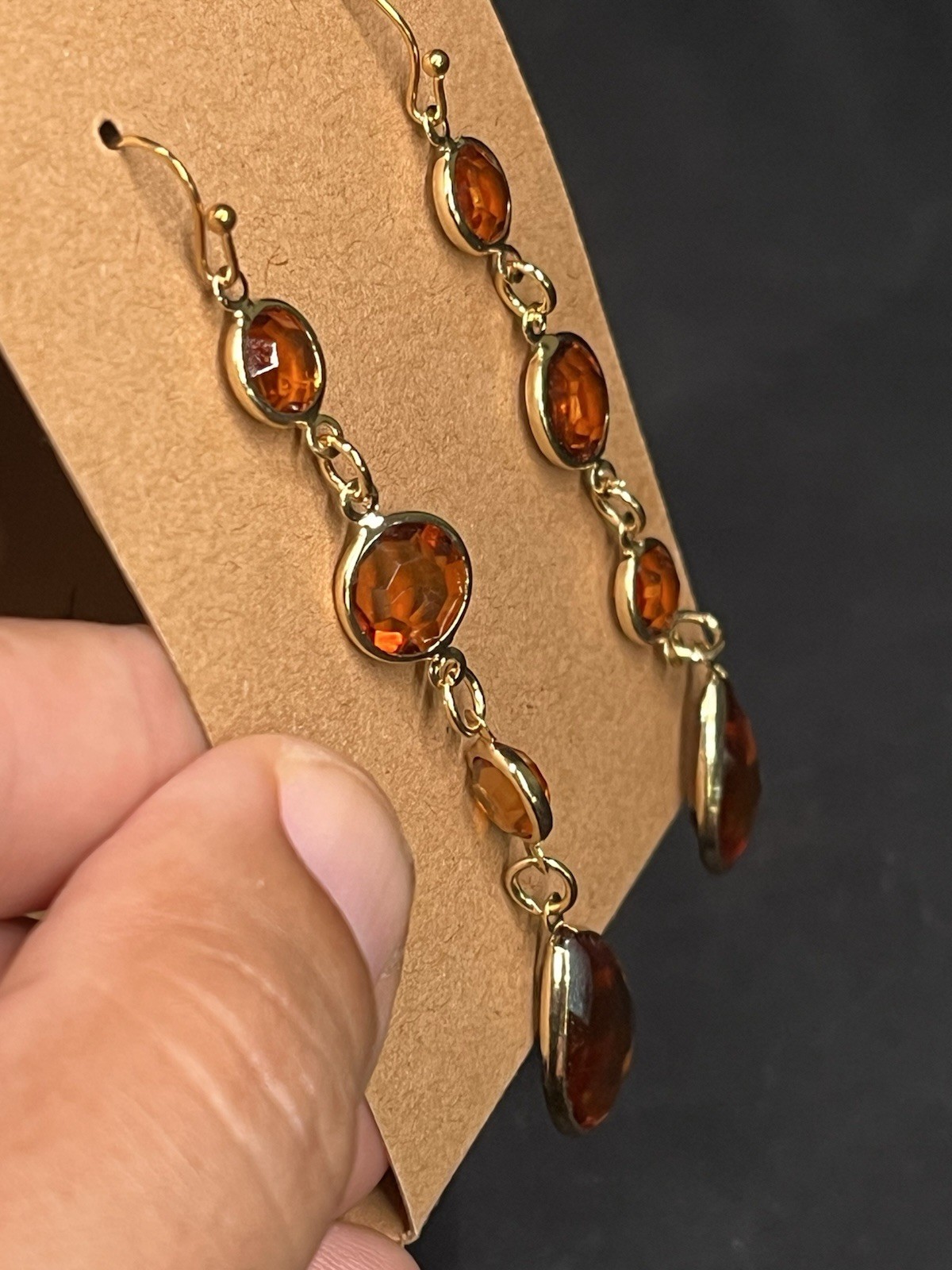 GOLD TONE FAUX CITRINE DANGLE EARRINGS 3.5”