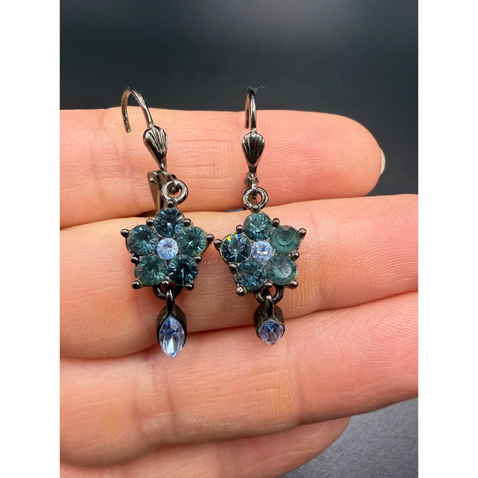 Vintage Givenchy blue rhinestone flower drop earrings dark silver-tone finish