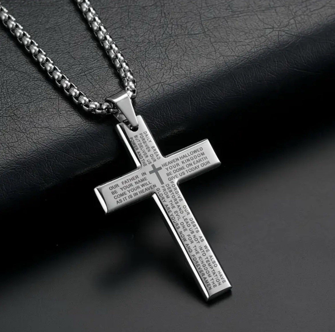 Silver Lords Prayer Cross Necklace 304L Stainless Steel Christian Bible Pendant