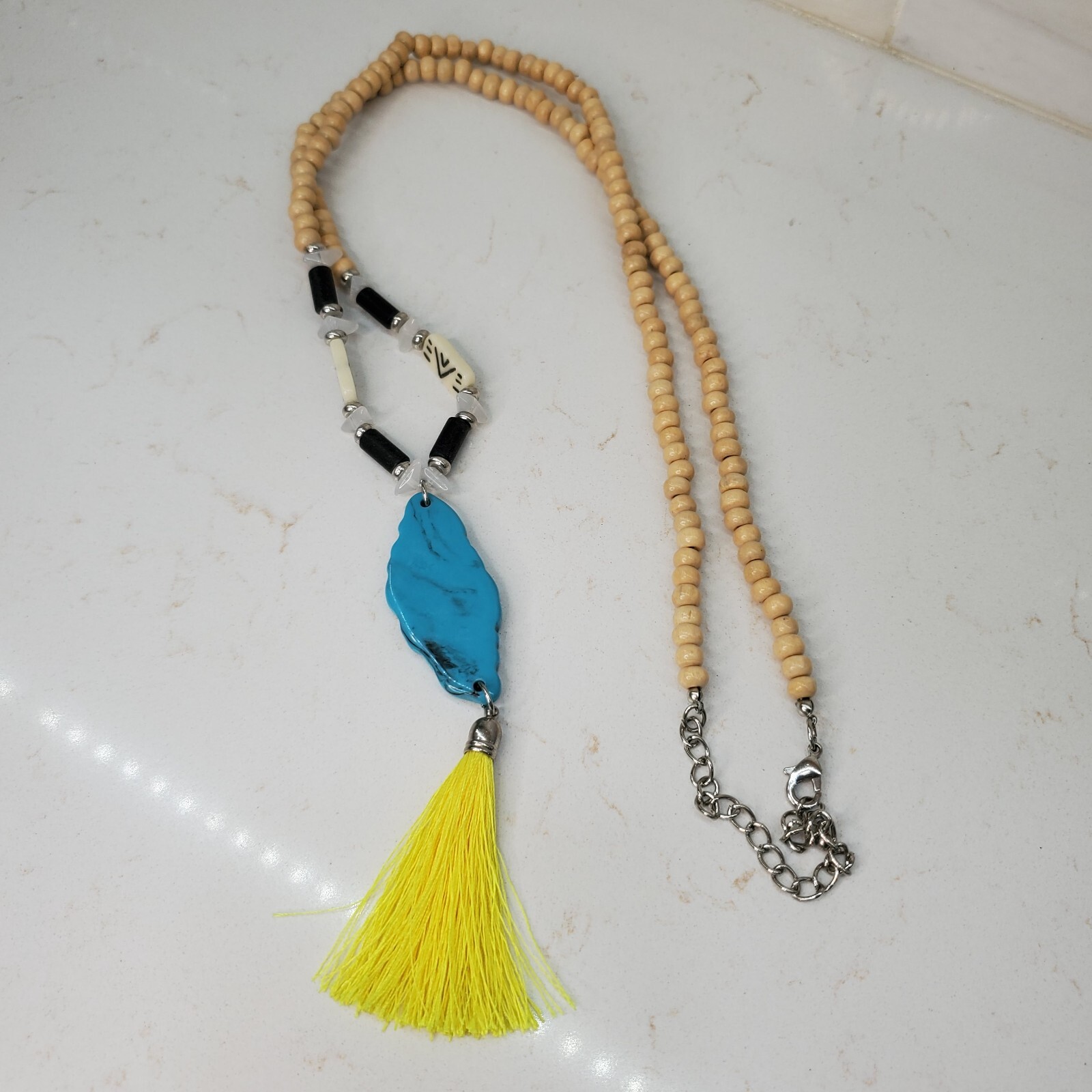 6 Beaded Tassel Necklaces – Wood & Faux Turquoise & Bone & Shell Multicolor Long