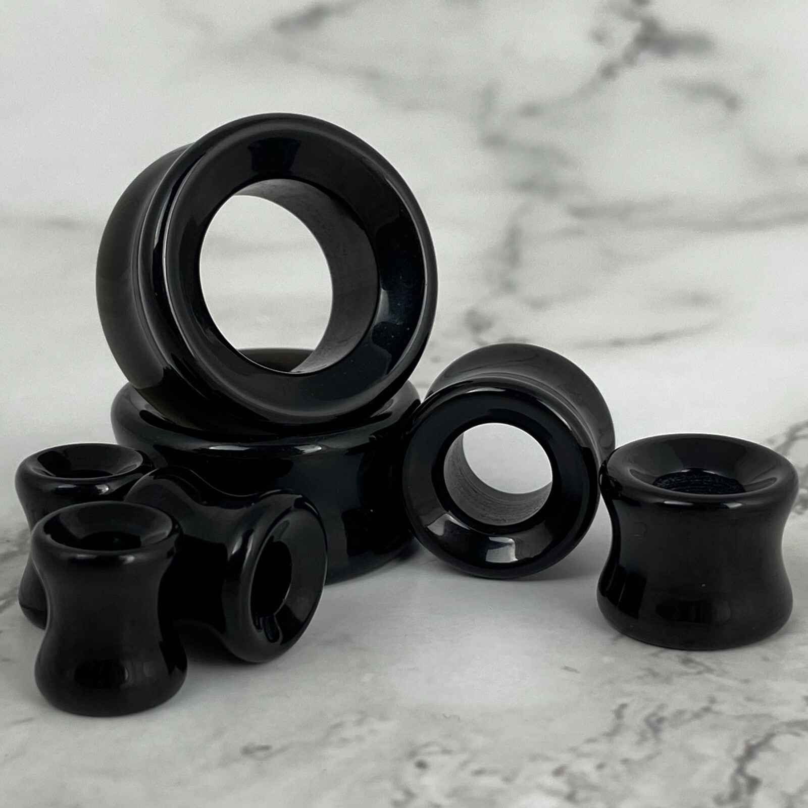 Pair of Black Agate Stone Concave Tunnels set gauges organic plugs