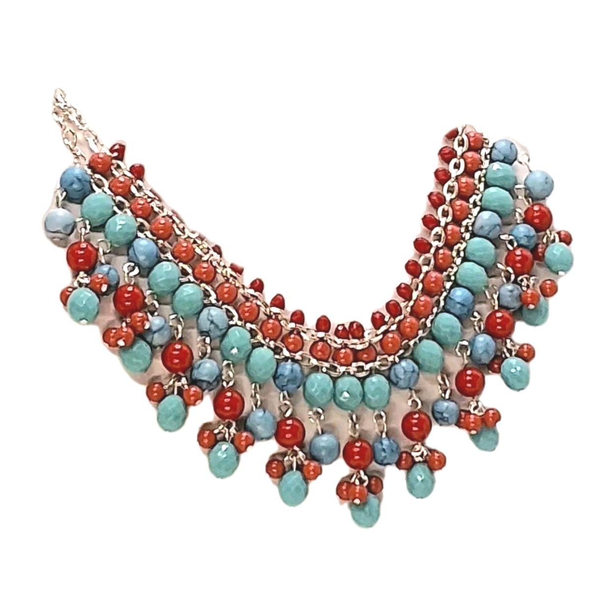 CHAP’S, Ralph Lauren Turquoise Red Silver 10″L Bib Necklace + 1.5″L Earrings Ap4