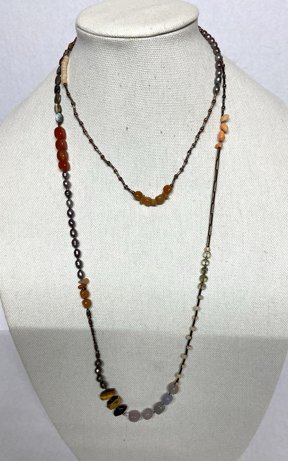 Vintage Multi Media Bead Necklace Extra Long 50”-metal, glass, stone, pearl