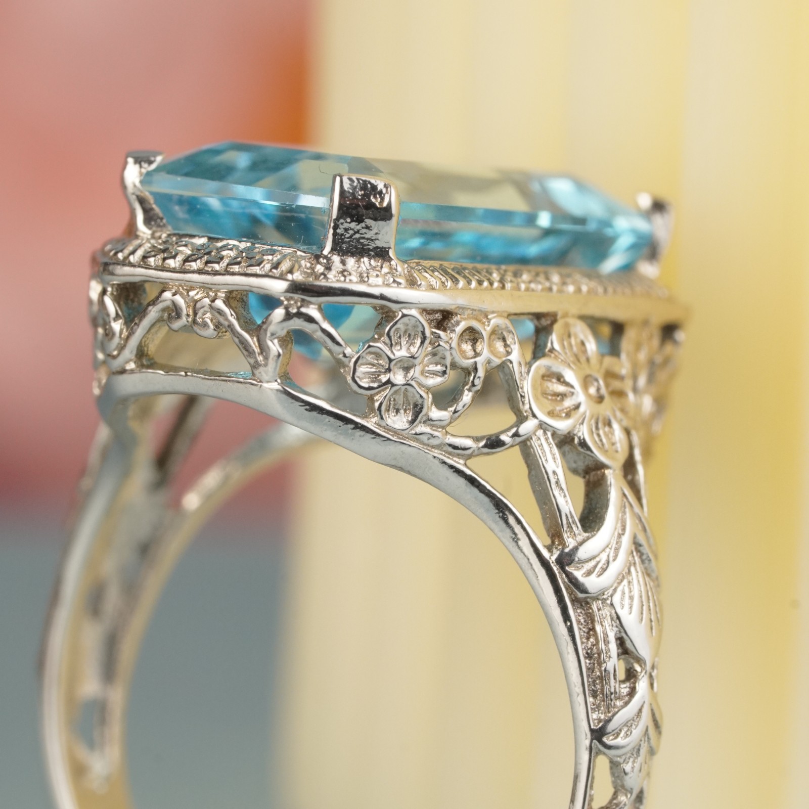 Silver925 Natural Blue Topaz Vintage Style Filigree Ring