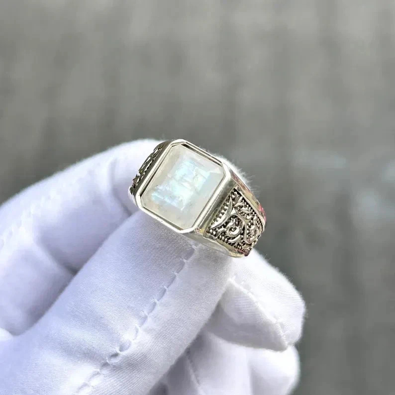 925 Sterling Silver Rainbow Moonstone Ring for Men Handmade Statement Ring
