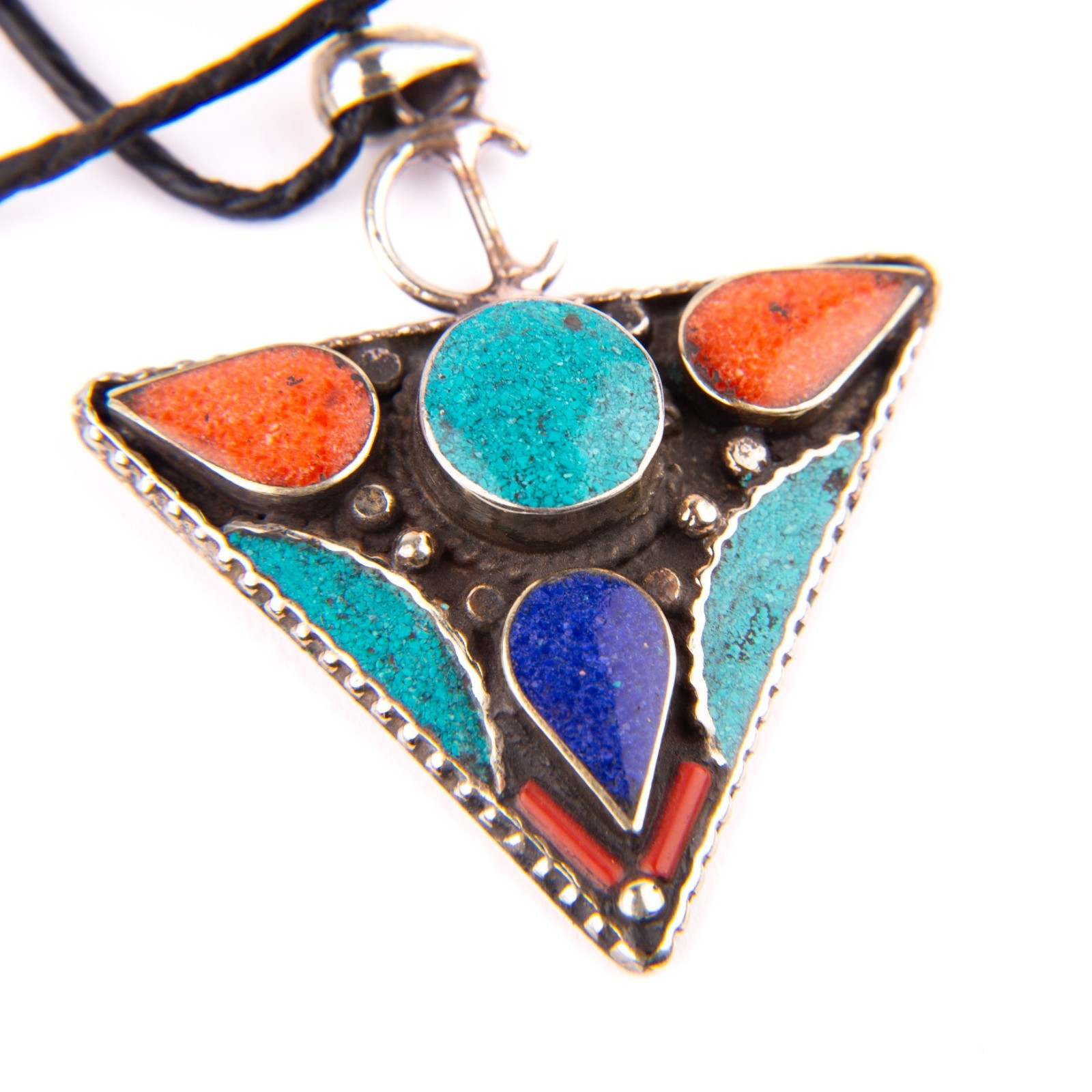 Tibetan Pendant, Tazerzit Pendant, Turquoise Stone Amulet, Coral & Lapis Lazuli