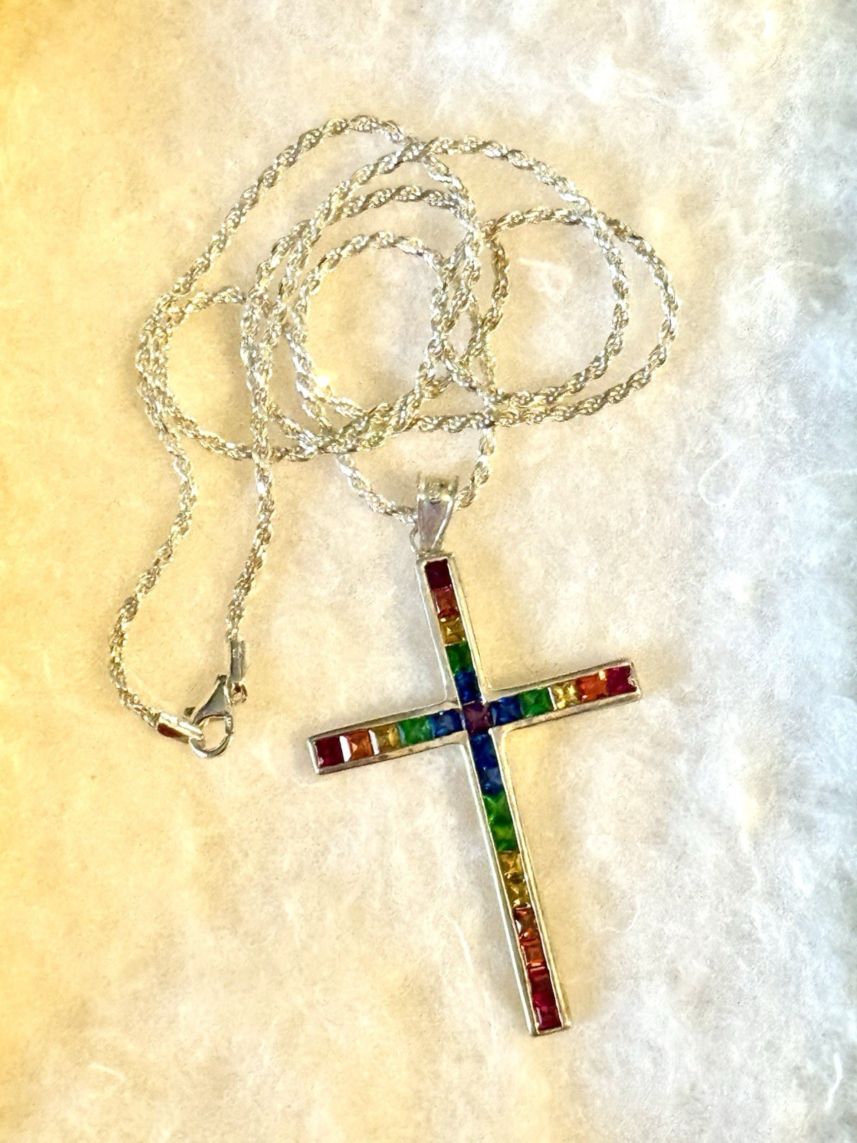 Rainbow Cross Solid 925 Silver Semi Precious Stones Custom Piece Large