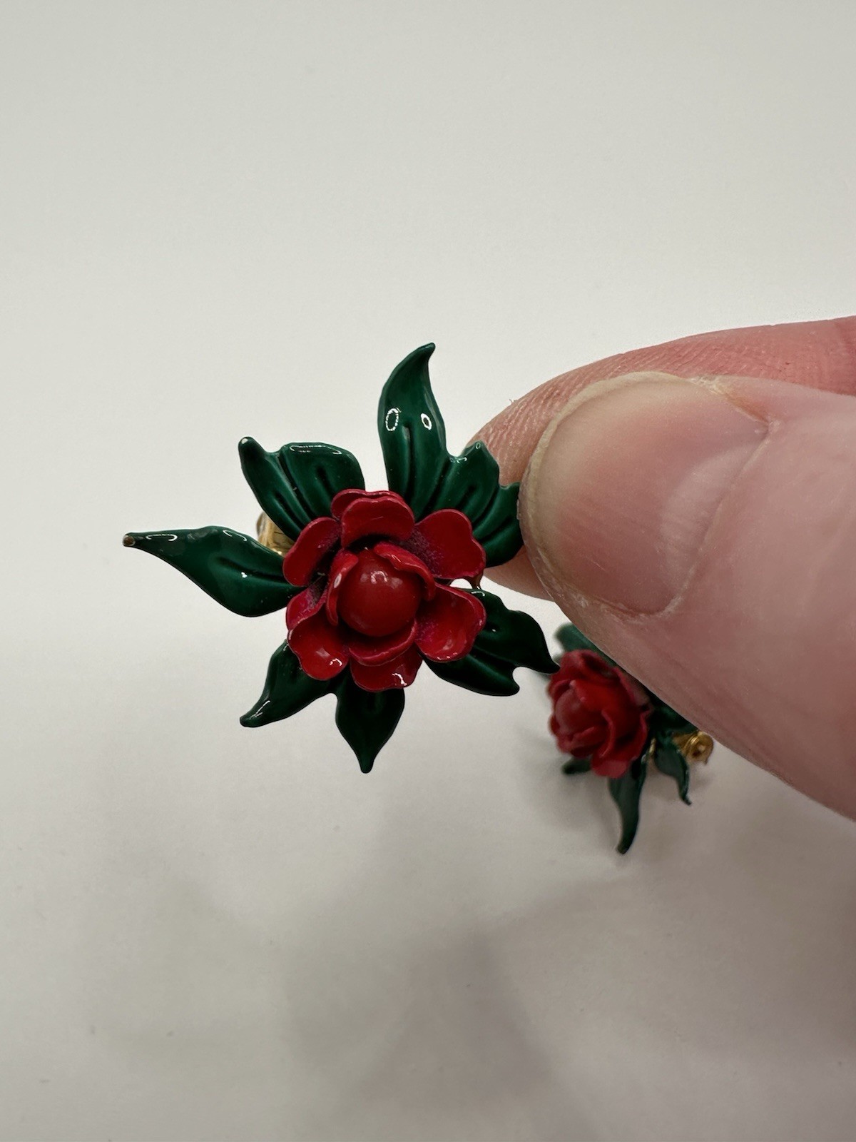 Vintage Metal and Enamel Red Rose Clip On Earrings 1”W