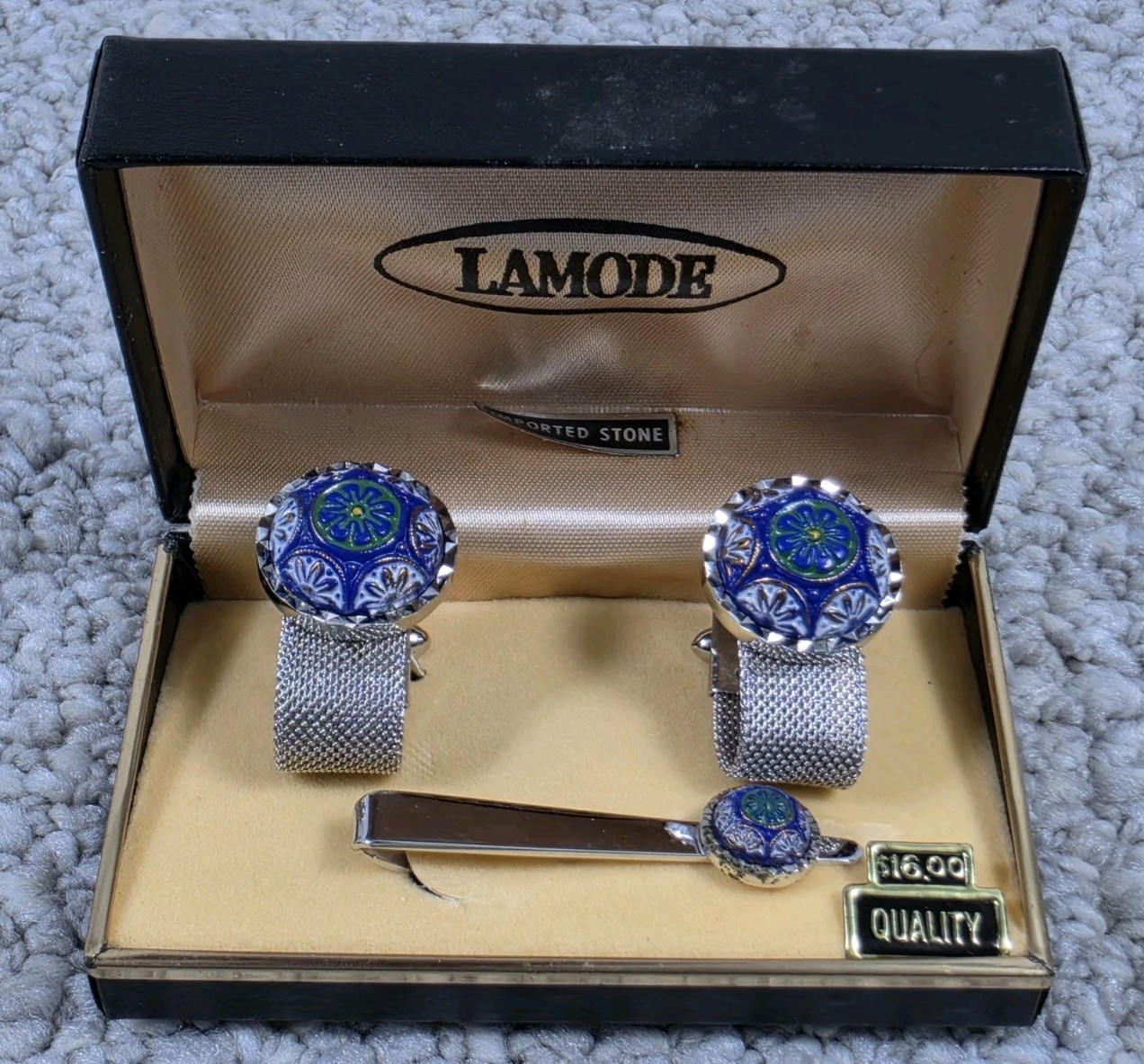 Vintage NOS LaMode Blue Imported Stone Silvertone Cufflinks & Tie Bar Set