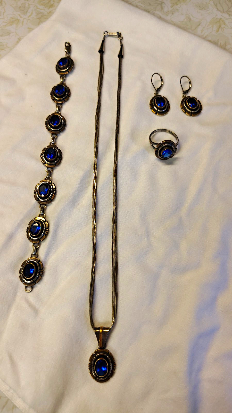 S.E 12K GF Gold Filled Blue Sapphire Set Necklace Bracelet Ring & Earrings