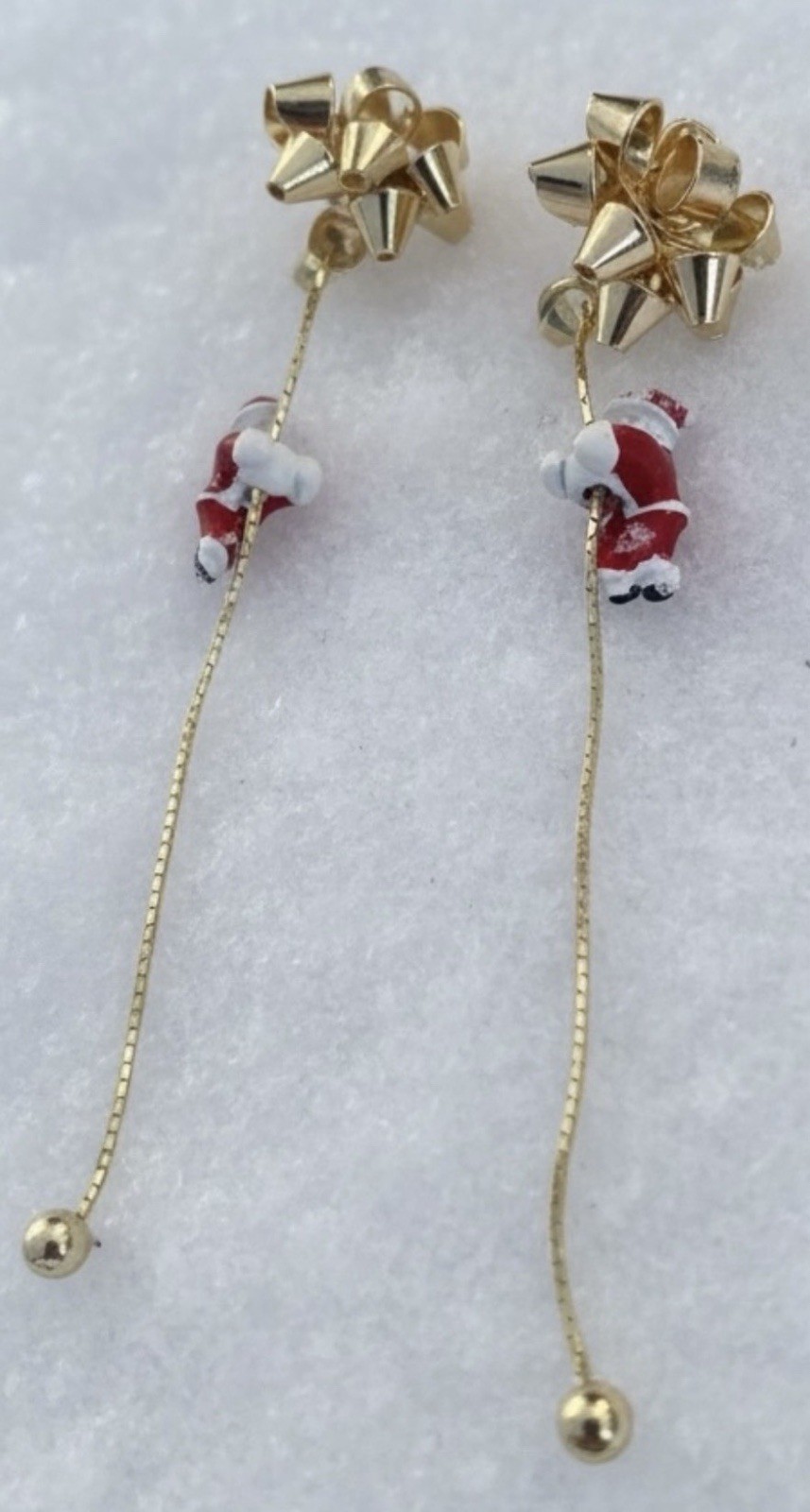 Christmas Bow Dangle/Drop Earrings Post Back Metal Gold Tone Red White No Stone