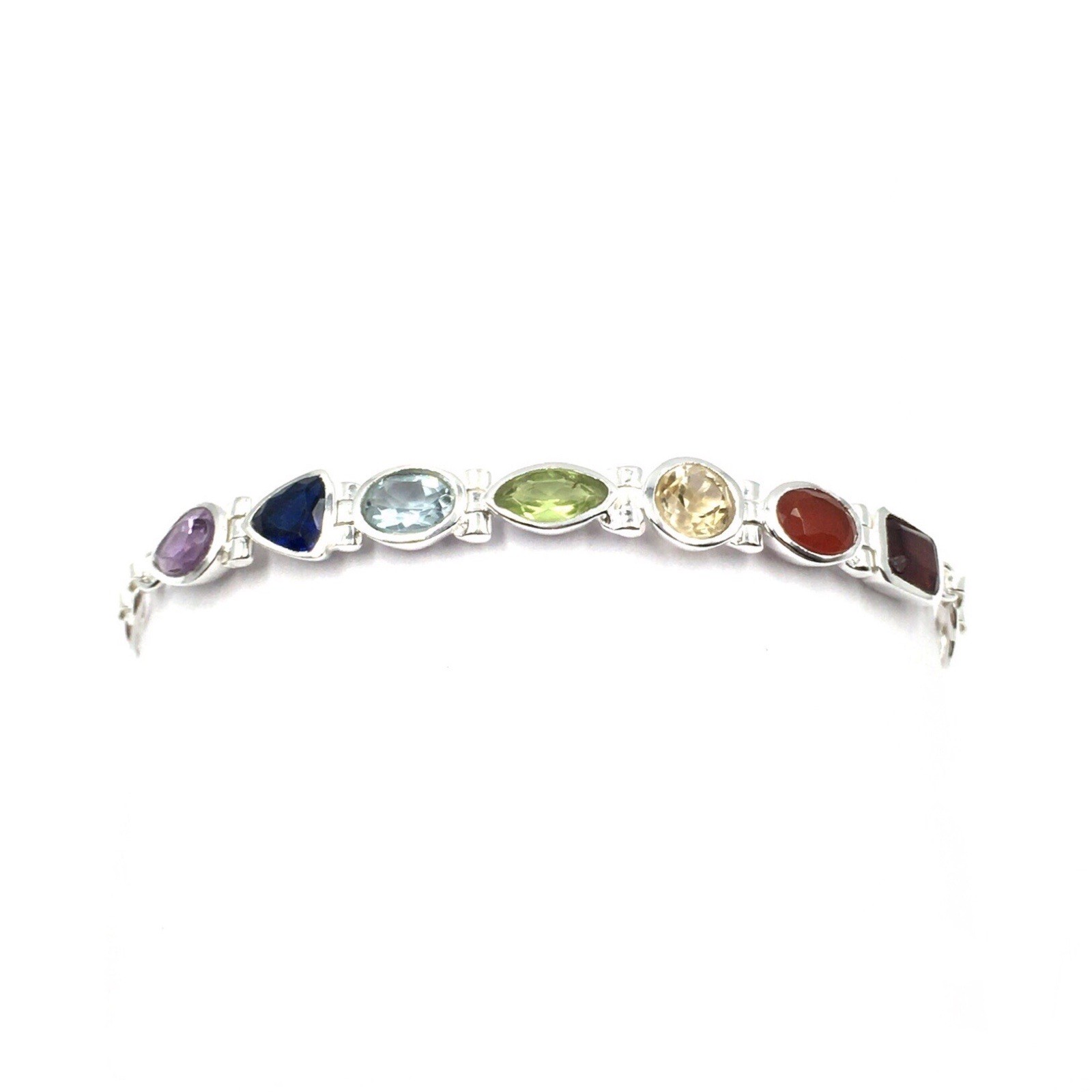 925 Silver Bracelet 18.5cm Colourful Gemstones Multicolour Jewellery Red Blue Green Yellow