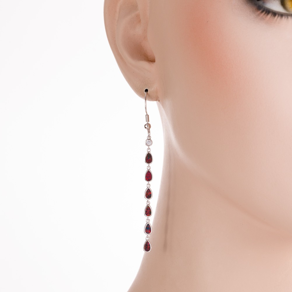 Multi Pear Black Cherry Red Fire Opal CZ Silver Jewelry Dangle Drop Earrings