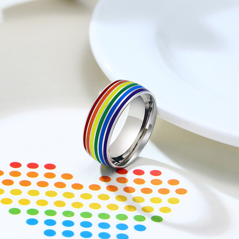 8mm Rainbow Color Love Gay Pride Lesbian Men’s Ring Stainless Steel Striped Band