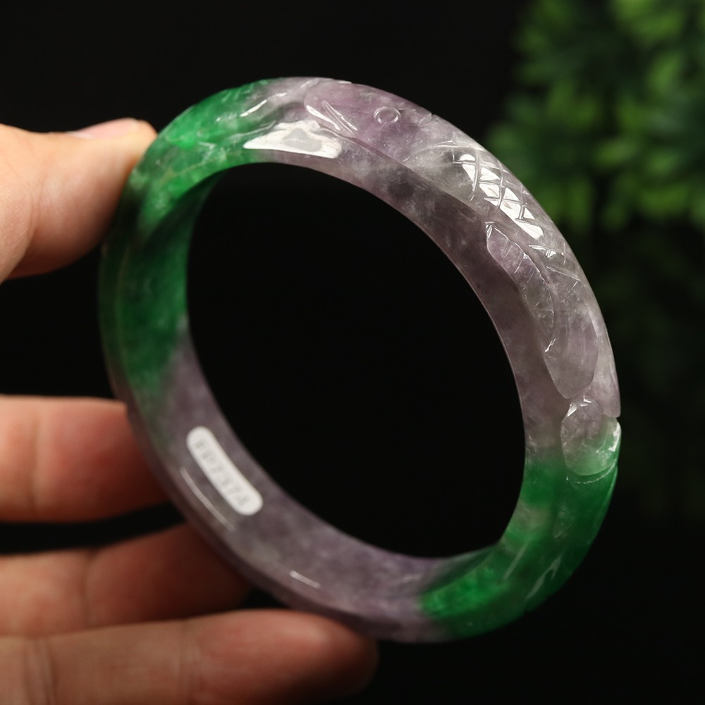 64mm Lavender Purple Green Jadeite Jade Bangle Bracelet Bat Ruyi Fish A-14801