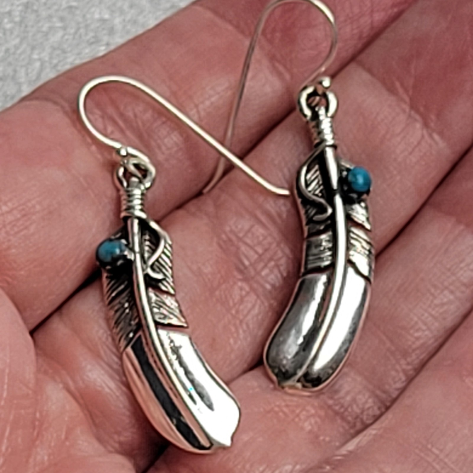925 Sterling Silver with Turquoise Feather-Shaped Earrings. Artisan-Made
