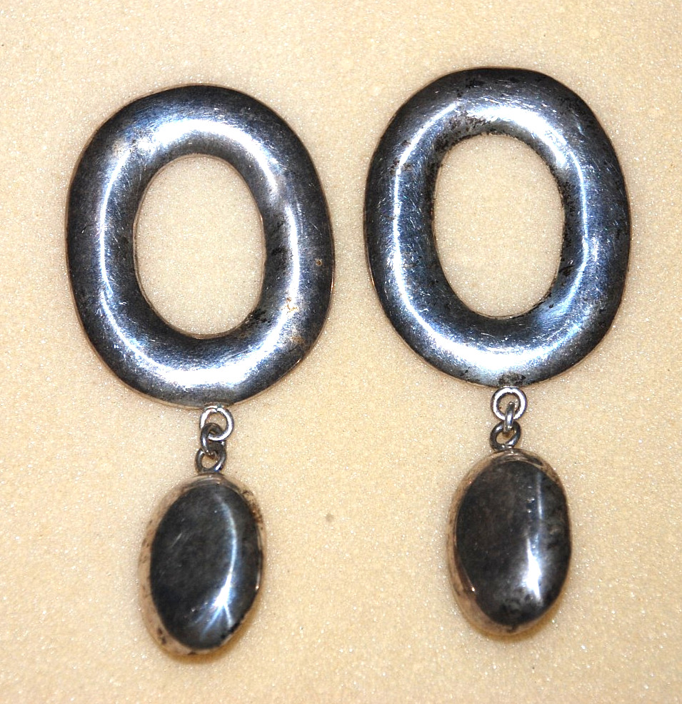 .925 Sterling Silver Modernist Oval Drop Dangle Earrings CT09 Mexico 1950s 3.25″