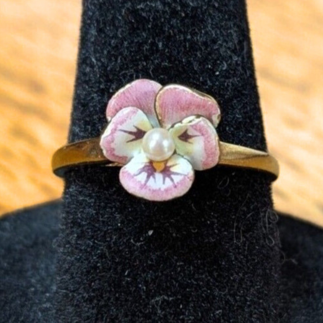 Larter & Sons Art Nouveau 14K Enamel Pansy Ring with Pearl Center