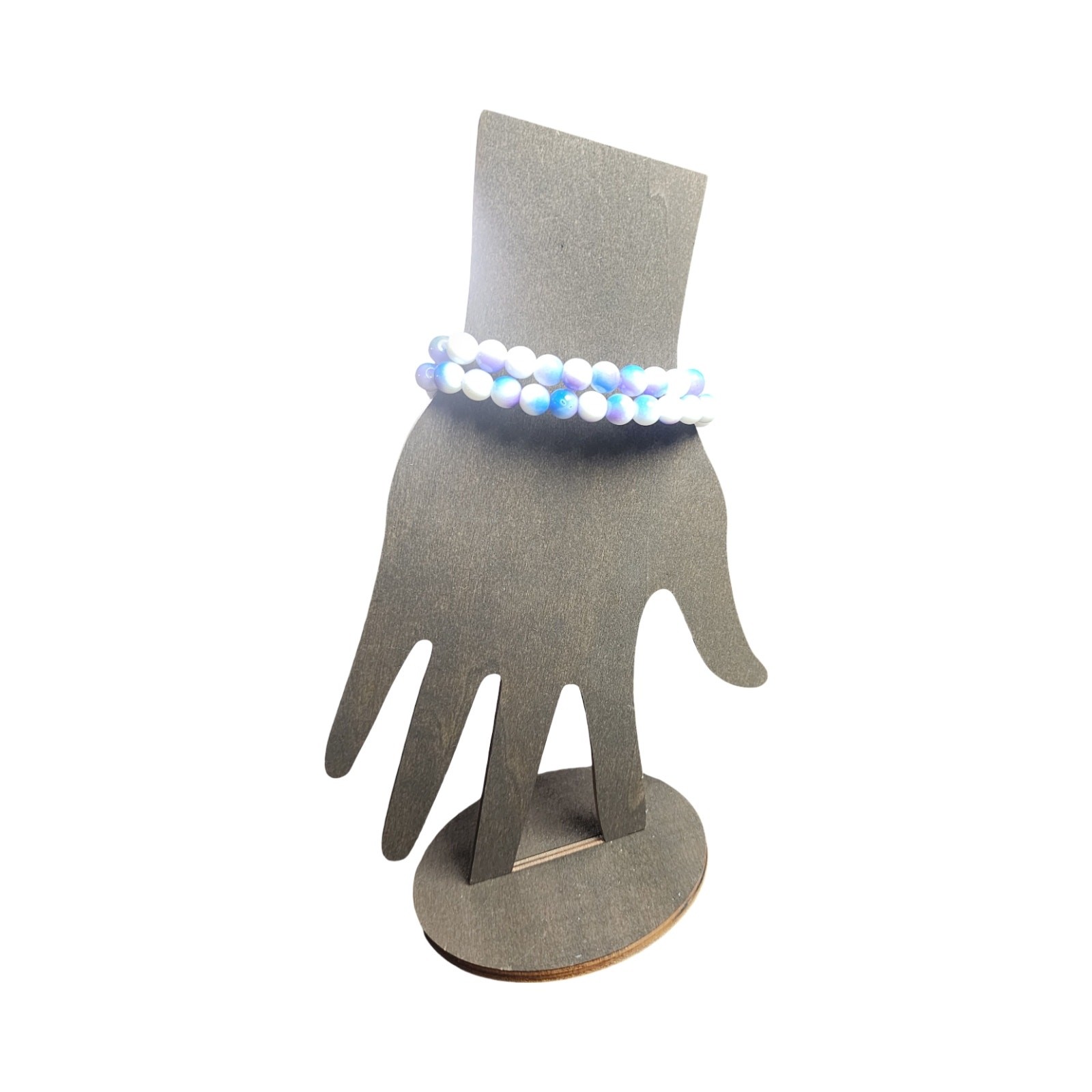 Iridescent Ombre Glass Beaded Stretch Bracelet — Blue, Violet & White