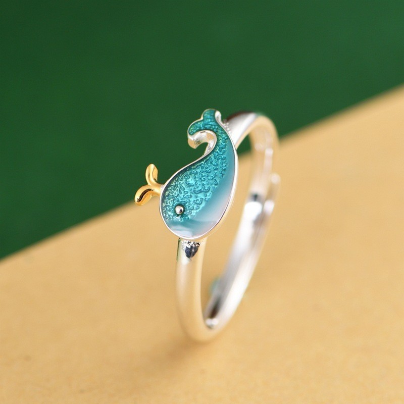 S925 Sterling Silver Enamel Dolphin Adjustable Open Ring