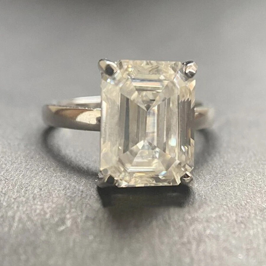 3.66 Ct Emerald Cut Moissanite Solitaire Engagement Ring 14K White Gold Plated