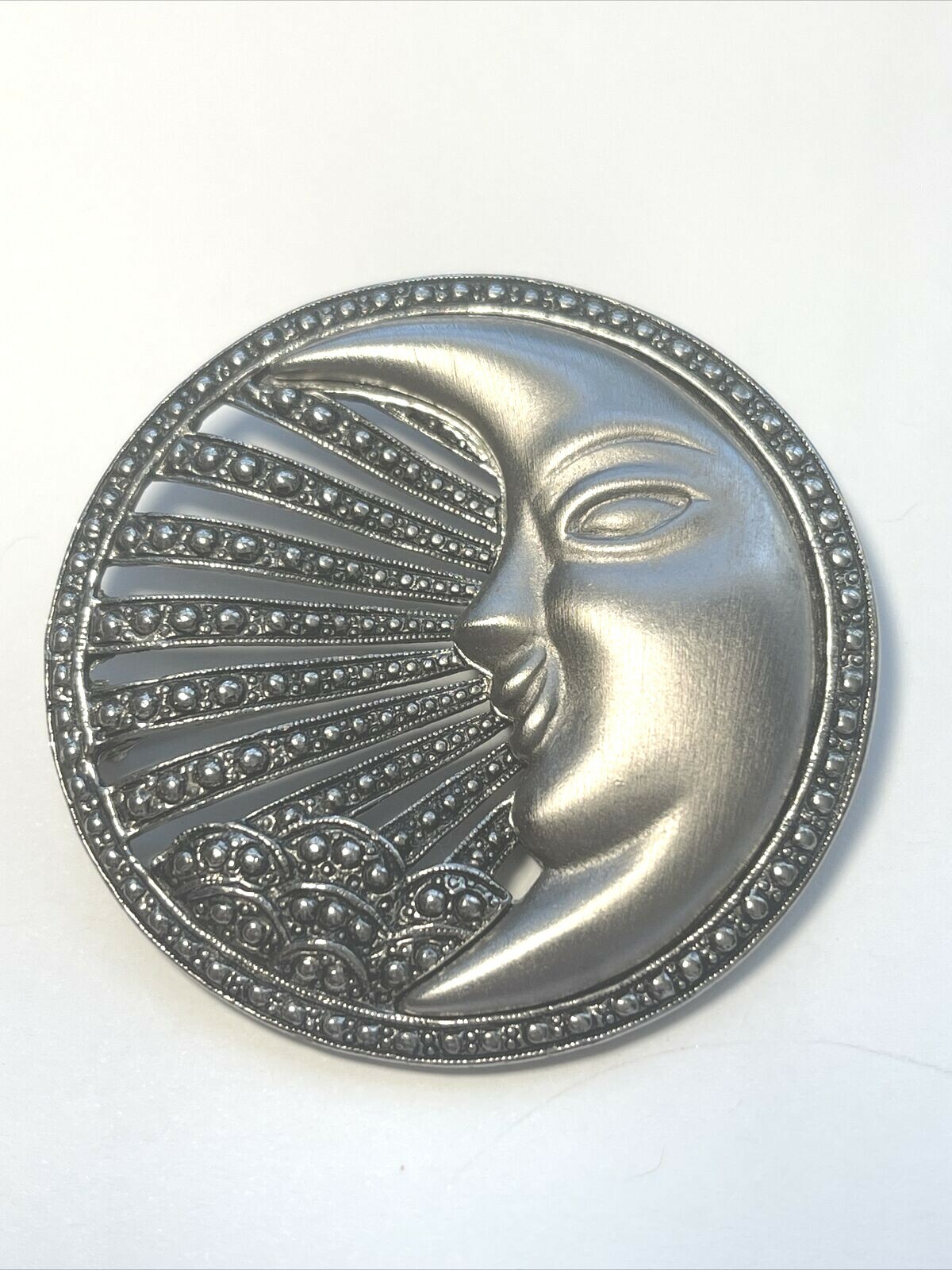 Vintage Crescent Moon Marcasite Style Brooch Pin Pewter color Signed Tana
