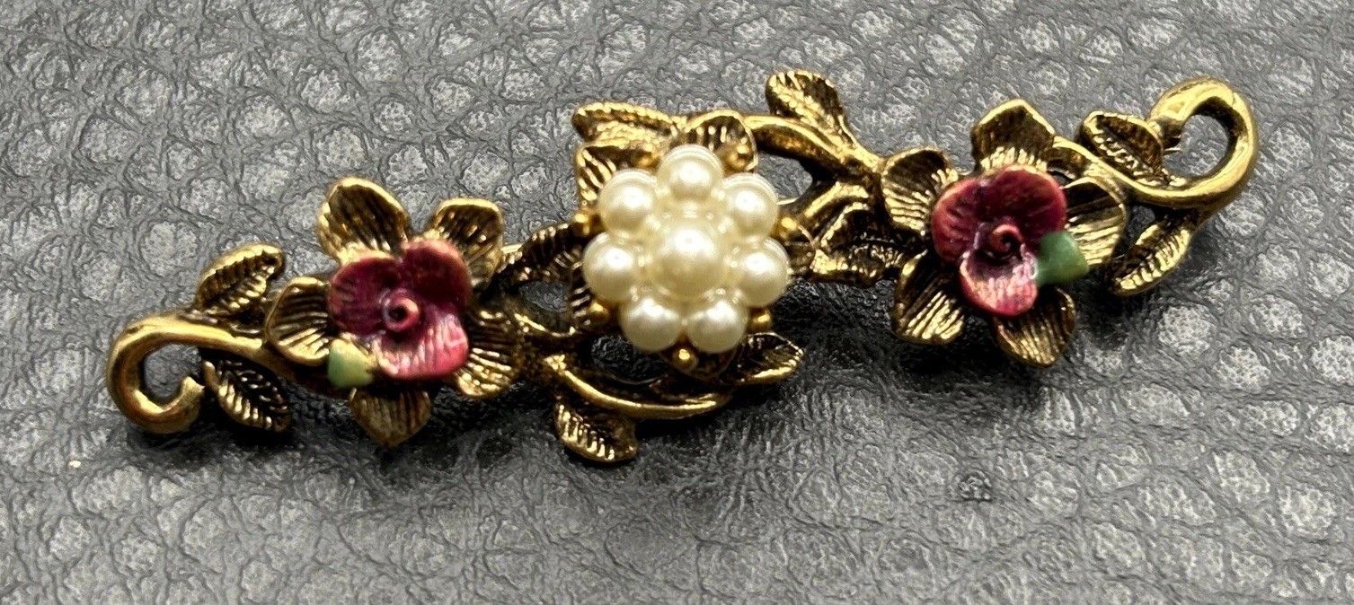 Vintage 1928 Brand Gold Tone Faux Pearl Enamel Floral Bar Brooch Pin Costume