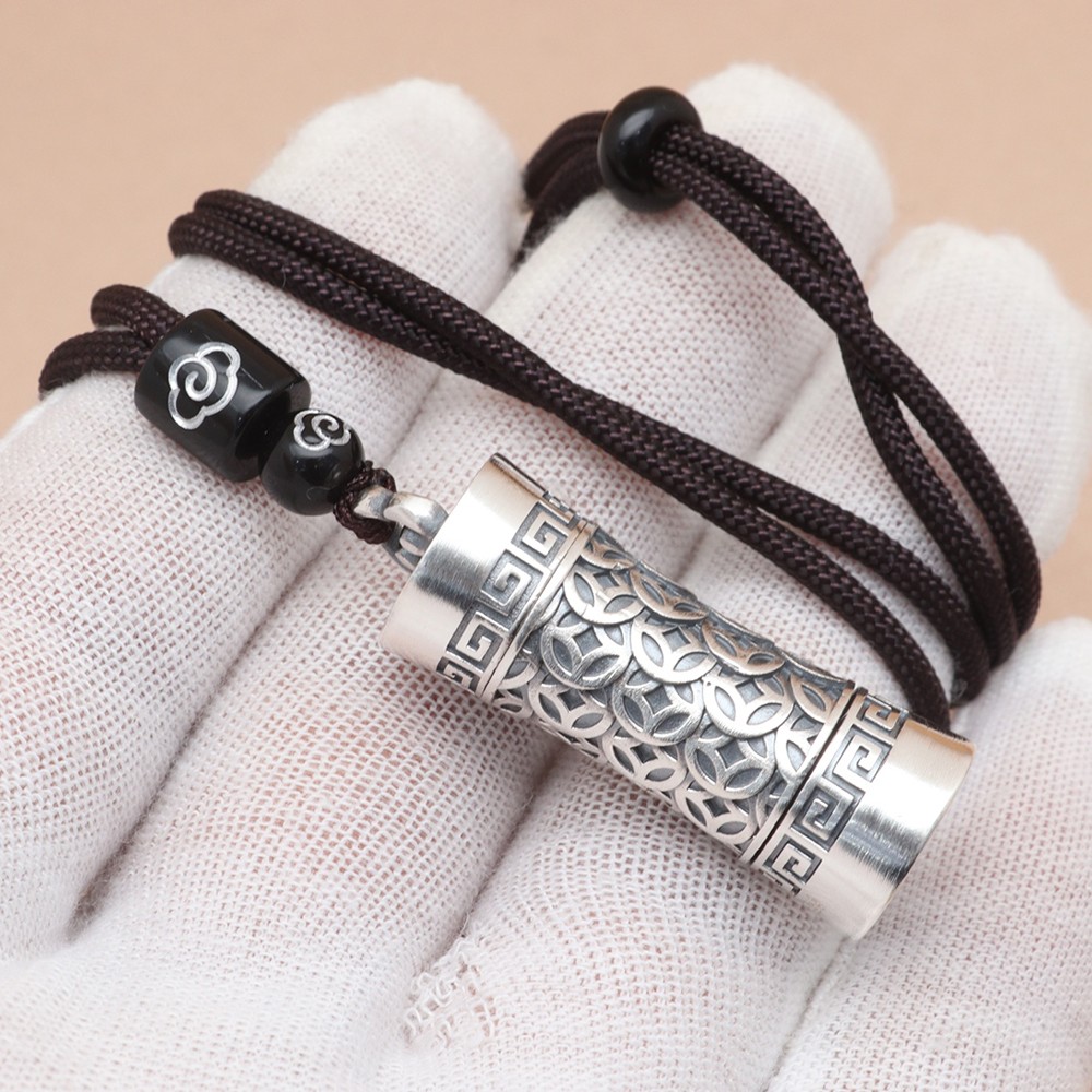Pure S999 Fine Silver Men Women Engraved Lucky Money Coin Pillar Pendant 19-21g