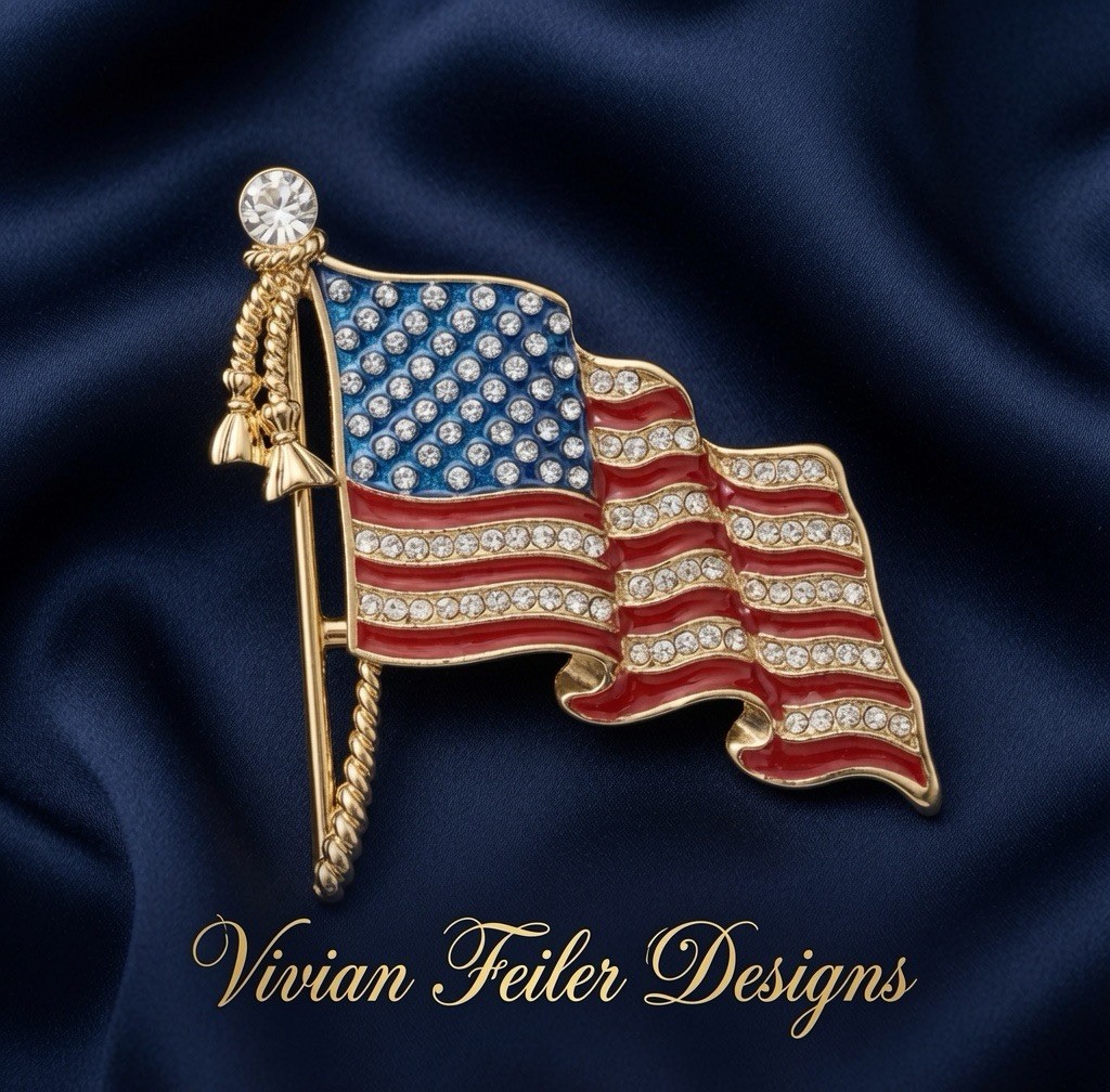 American Flag Brooch Rhinestone Red, White, Pin Gold or Silver Patriotic Jewelry
