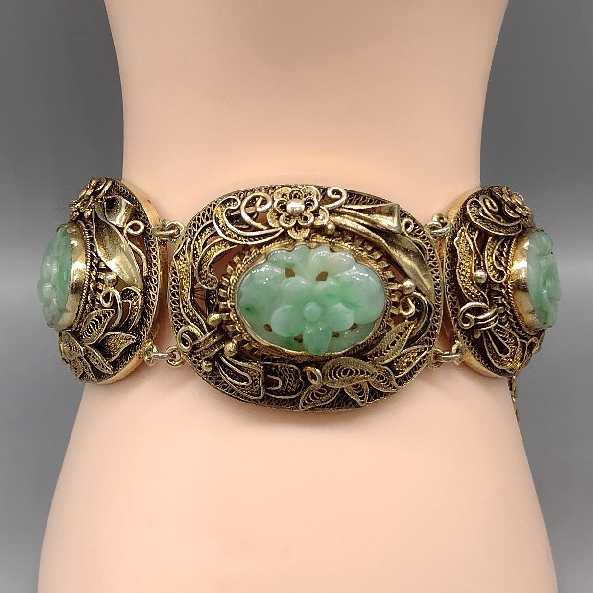Chinese Export Carved Jade Gilt Silver Filigree Bracelet Vintage Antique Jewelry