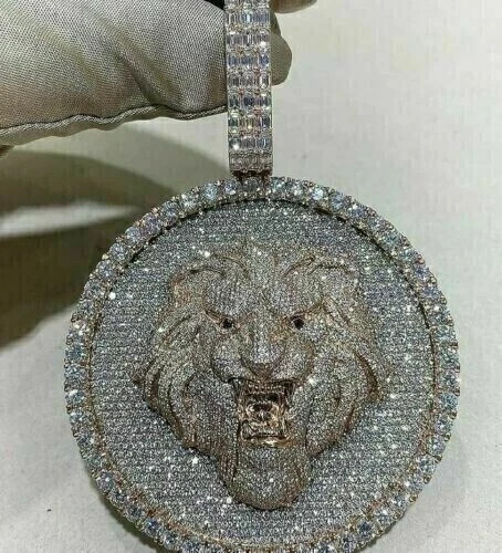 3″ Lion Head Real Moissanite Pendant Mens Hip Hop Charm 14K Yellow Gold Plated