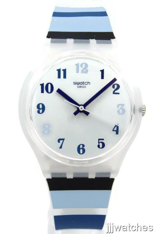 Swatch Swiss Originals NIGHT SKY Semi-Transparent Blue Stripes Watch 34mm GE275