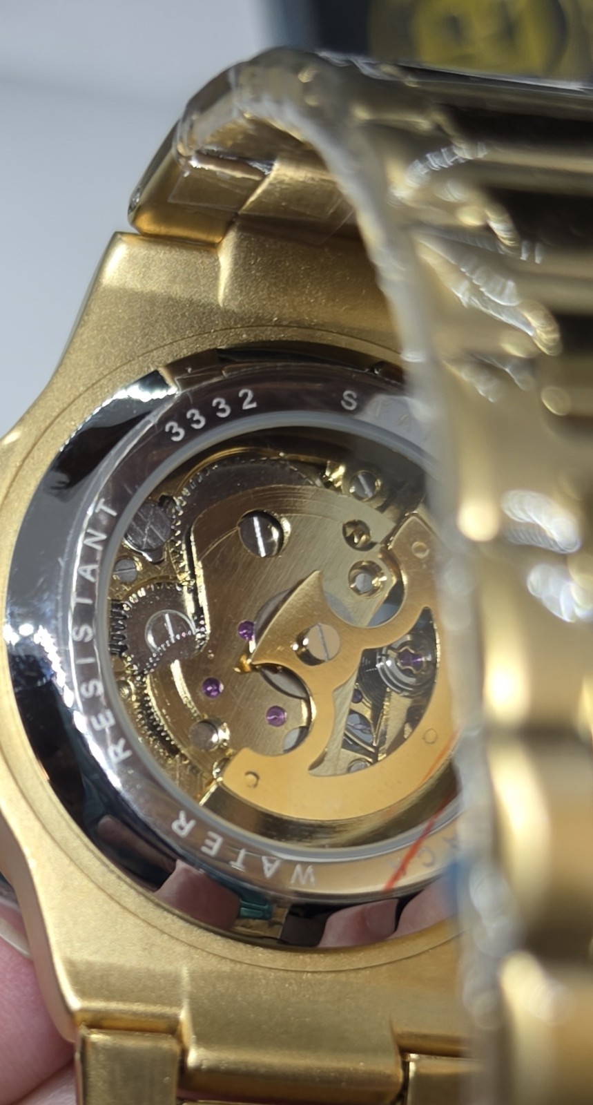BIBI Luxury Automatic Skeleton Blue Face Watch Gold-Tone Stainless Steel Band