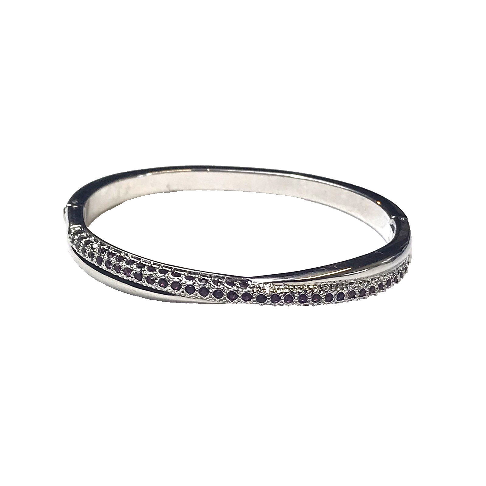 Silver Tone 1/2 Inch Wide Purple Crystal Rhinestone Hinged Bracelet 7 Inch