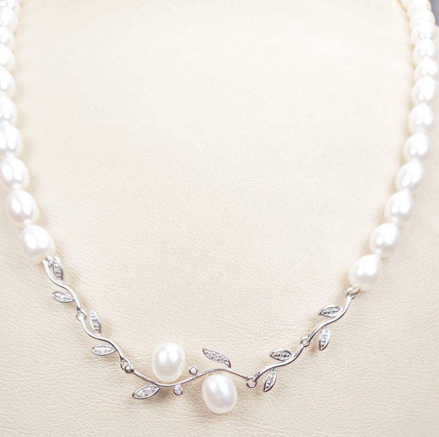 925 Sterling Silver Diamond White Cultured Freshwater Pearl Necklace 18–19.5″