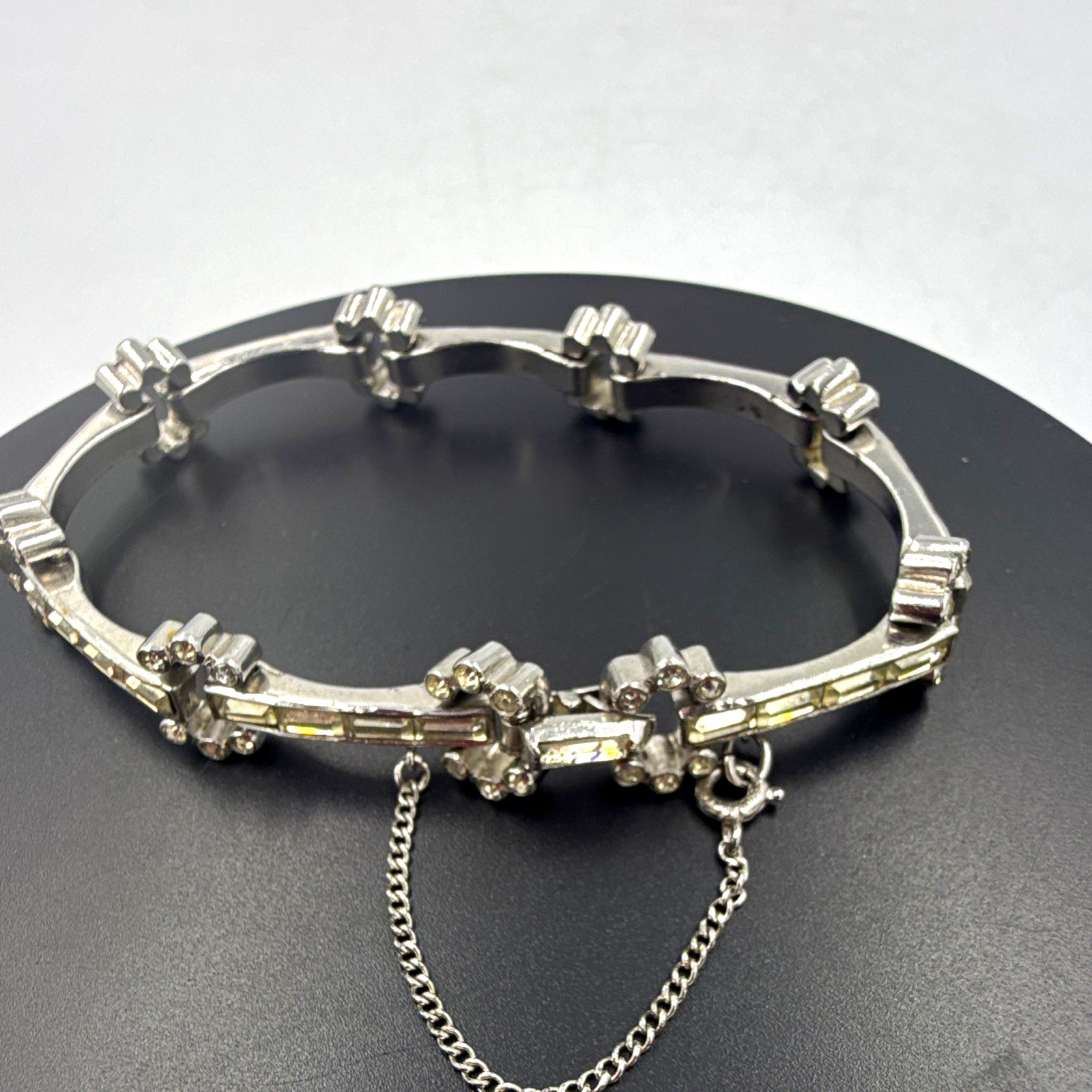 Silver Tone Round Clear Crystal link Bracelet Safety Chain Box Clasp