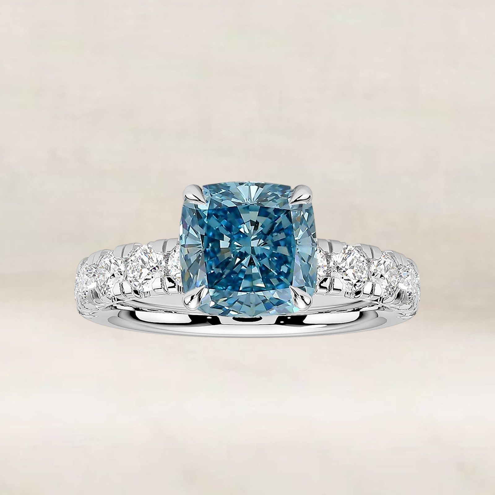 Cushion Cut 2.65 Ct Fancy Intense Blue Diamond Ring IGI Lab Grown 950 Platinum