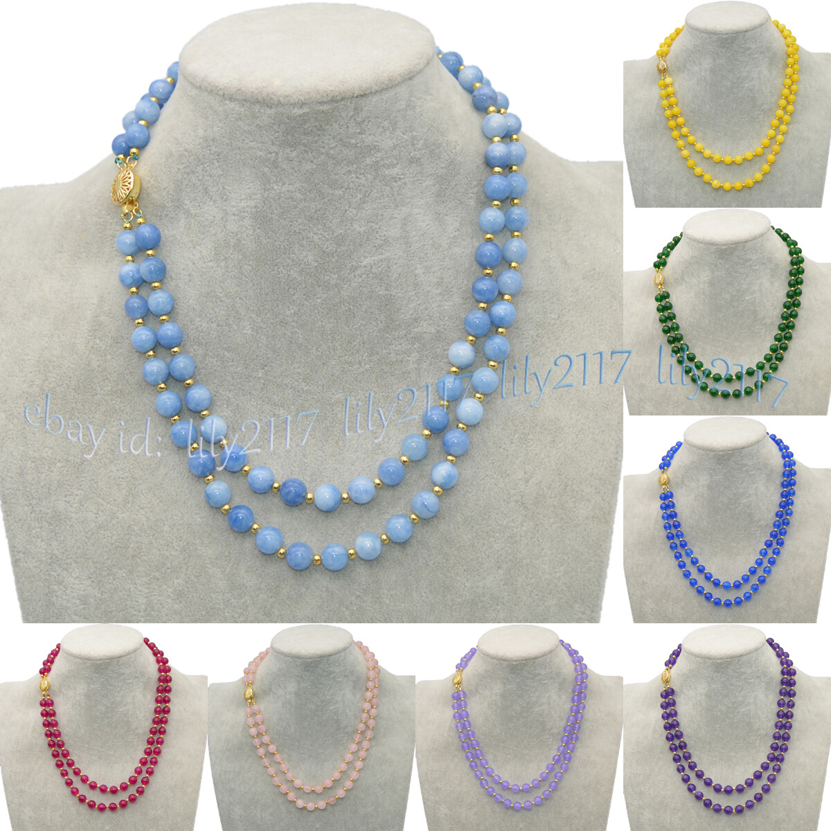 2 Rows 6/8/10/12mm Round Multicolor Jade Natural Gemstone Beads Necklace 18-19”