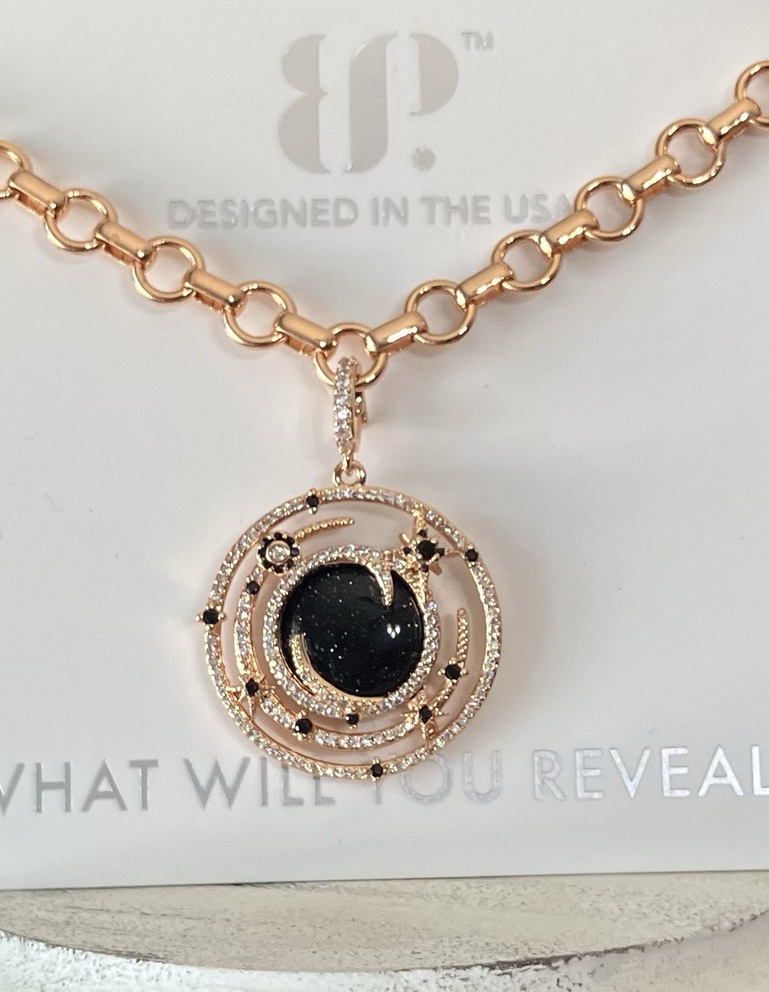 Bomb Party Obsidia “Midnight Galaxy Glam” Necklace Onyx & Sandstone On Rose Gold