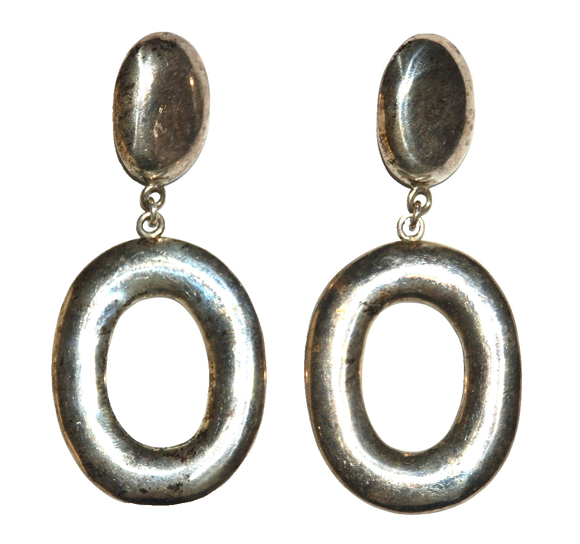 .925 Sterling Silver Modernist Oval Drop Dangle Earrings CT09 Mexico 1950s 3.25″