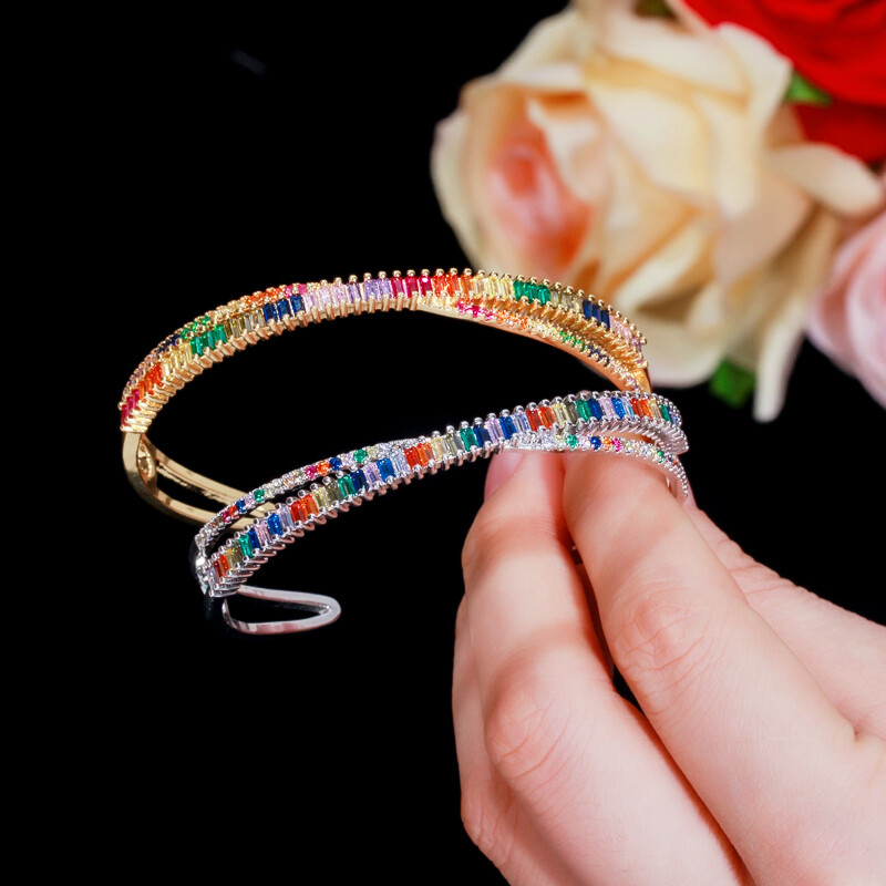 Adjustable Multicolored Gold Plated CZ Rainbow Open Cuff Bangle Fashion Jewelry